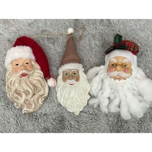 Vintage Santa Claus Head Ornaments Set of 3 Red Plaid Brown Hat Christmas Decor